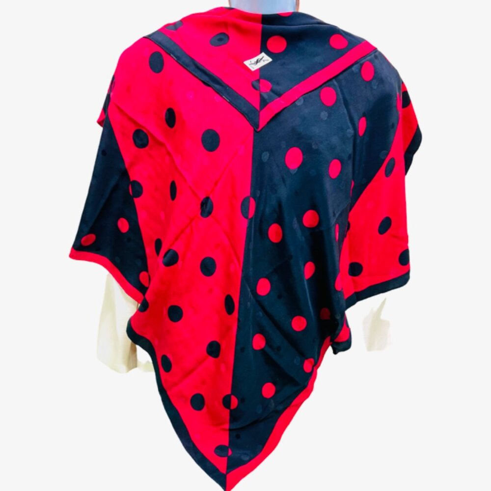 Yves Saint Laurent 100% Silk Satin scarf 33"  black red pocka dots (66 - Picture 5 of 13